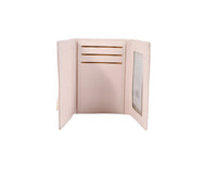 Compact bunny wallet in pale pink, open view showing card slots and side pocket