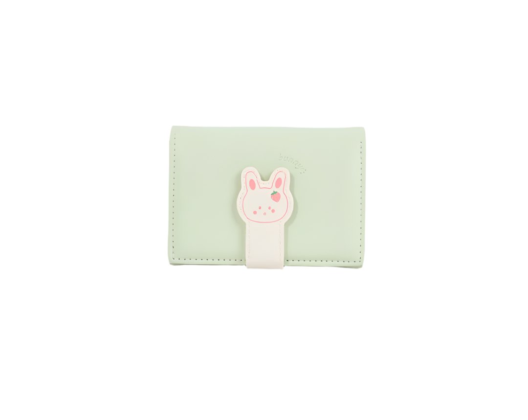 Compact bunny wallet in pale green with a white bunny patch on the front