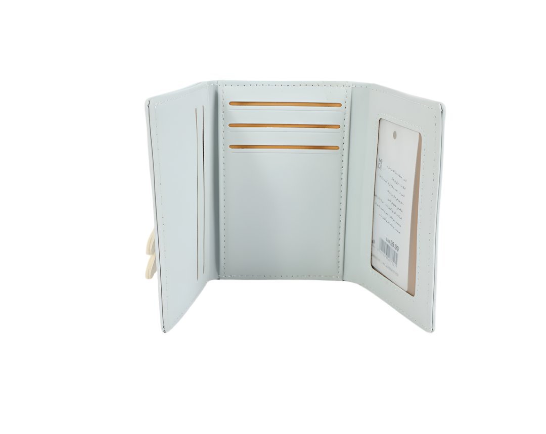 Compact bunny wallet in light gray, open view with card slots and slip pocket