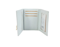 Compact bunny wallet in light gray, open view with card slots and slip pocket