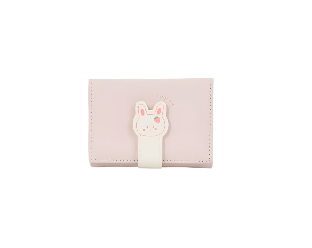 Compact bunny wallet in pale pink with a white bunny patch on the front