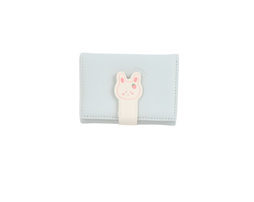 Compact bunny wallet in light blue with a white bunny patch on the front