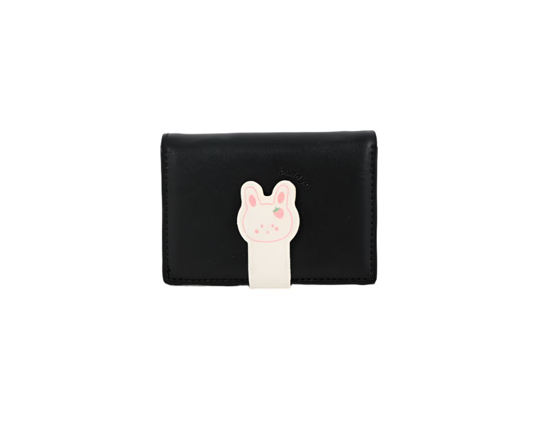 Compact bunny wallet in black with a white bunny patch and fold-over tab