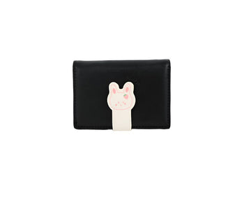 Compact bunny wallet in black with a white bunny patch and fold-over tab
