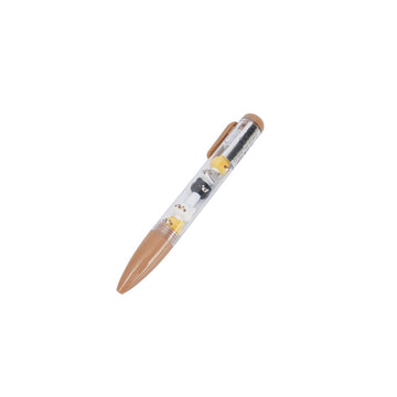 Brown ballpoint pen with cat diary decals, clear grip and silver tip.