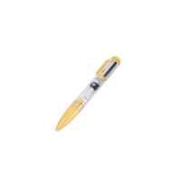Yellow ballpoint pen with cat diary decals and silver clip.