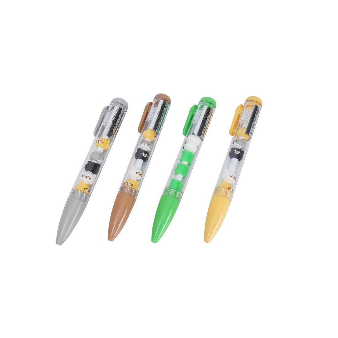 Set of four cat-themed pens in gray, brown, green, and yellow.