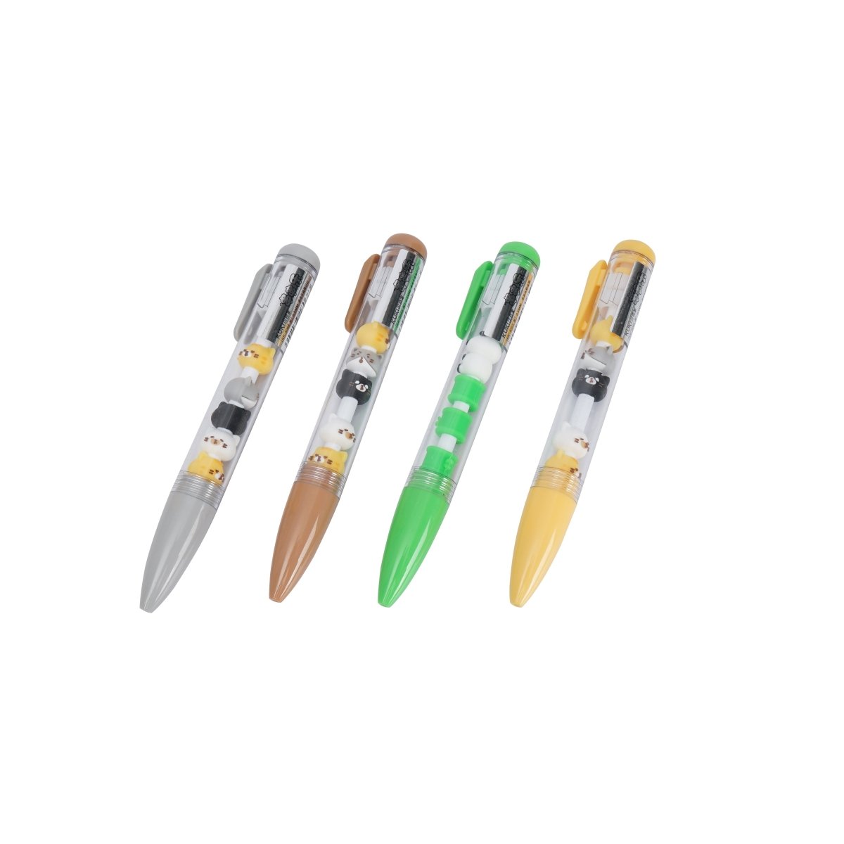 Set of four cat-themed pens in gray, brown, green, and yellow.