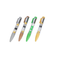 Set of four cat-themed pens in gray, brown, green, and yellow.
