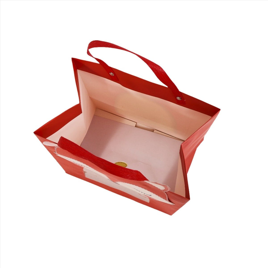 Open red fox gift bag with ribbon handles and empty interior with window panel