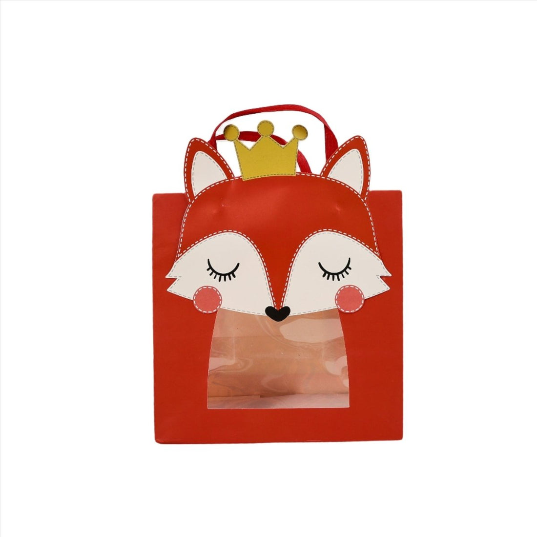 Red fox-themed gift bag with white face details and crown window graphic