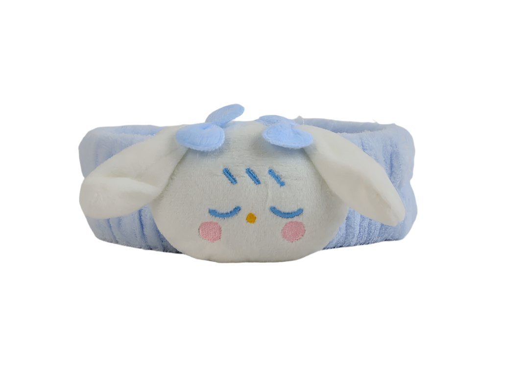 Light blue cartoon baby headband with smiling cloud face and blue bow details
