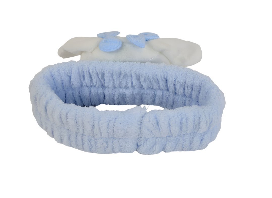 Light blue plush baby headband with textured band and small blue bow
