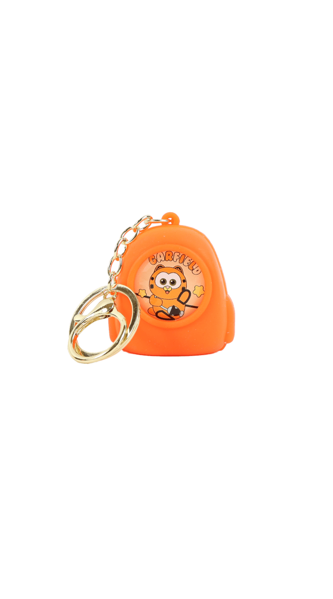 Orange cartoon backpack keychain with front character graphic and metal keyring chain