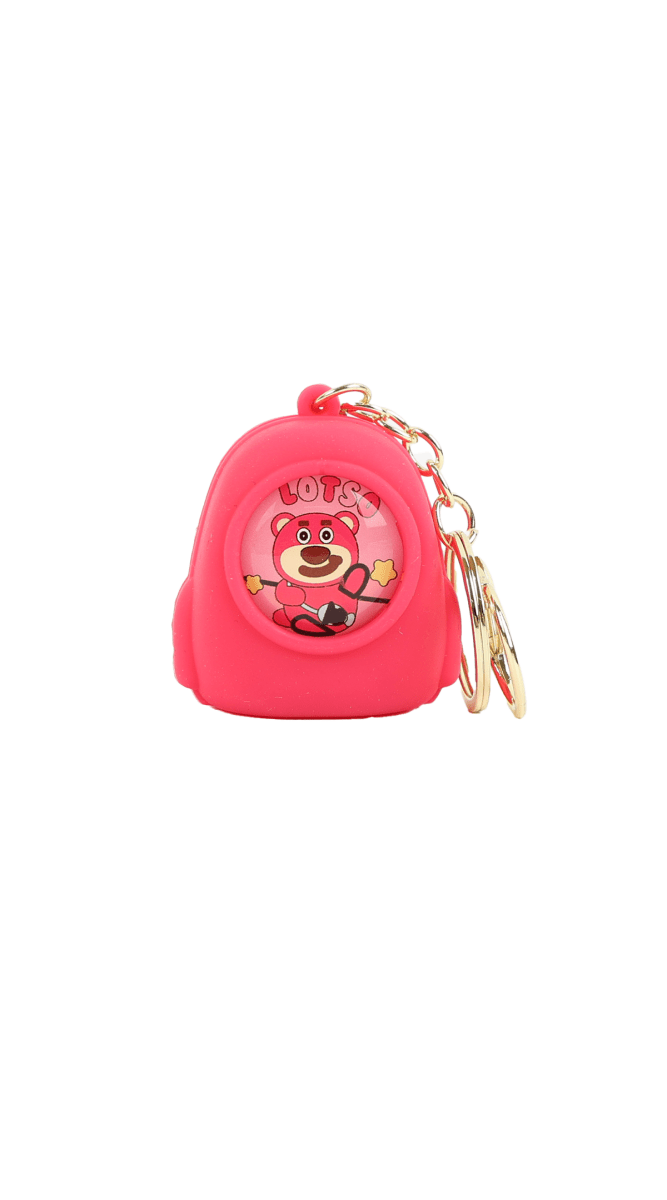 Red cartoon backpack keychain with front character graphic and metal keyring chain