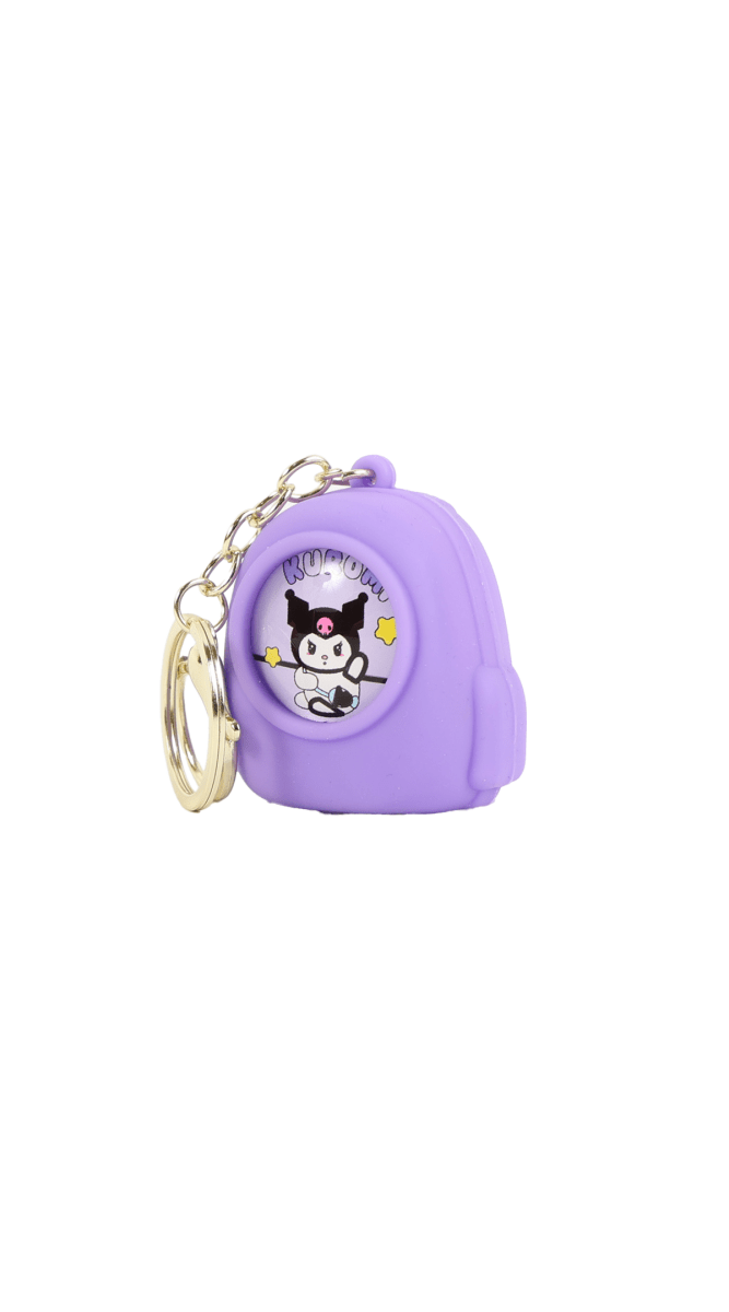 Purple cartoon backpack keychain with front penguin-style character graphic and keyring