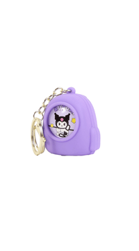 Purple cartoon backpack keychain with front penguin-style character graphic and keyring