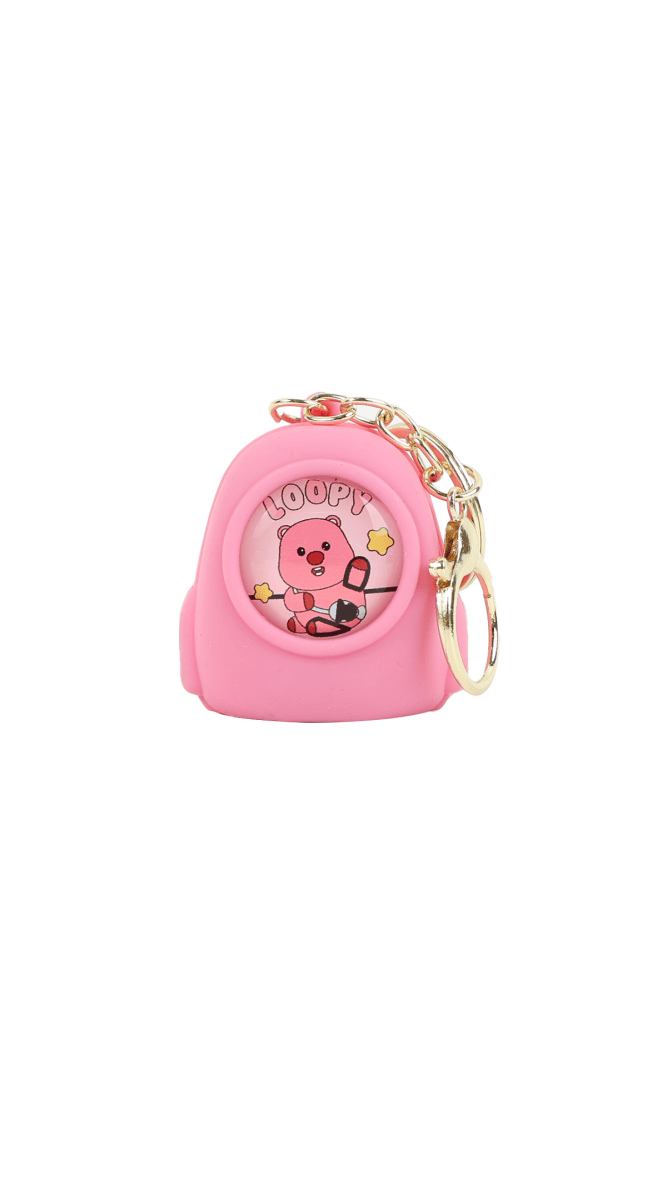 Pink cartoon backpack keychain with “LOOPY” character graphic and metal keyring