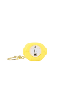 Yellow cartoon backpack keychain with metal keyring and back panel with white switch plate