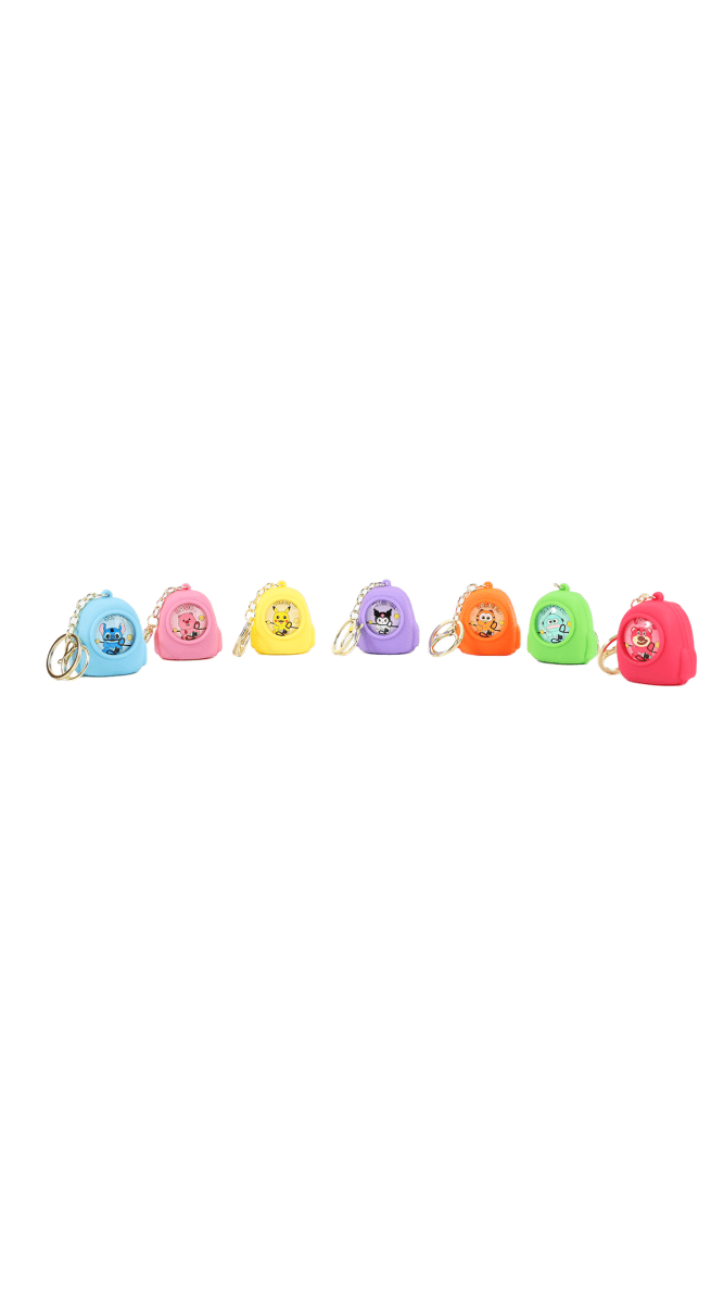 Assorted-color cartoon backpack keychain set with metal keyrings, multiple styles