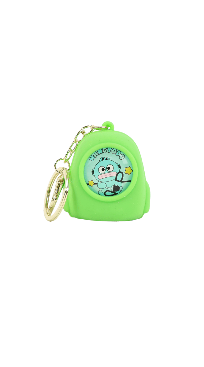 Green cartoon backpack keychain with front character patch and metal keyring chain