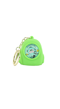 Green cartoon backpack keychain with front character patch and metal keyring chain