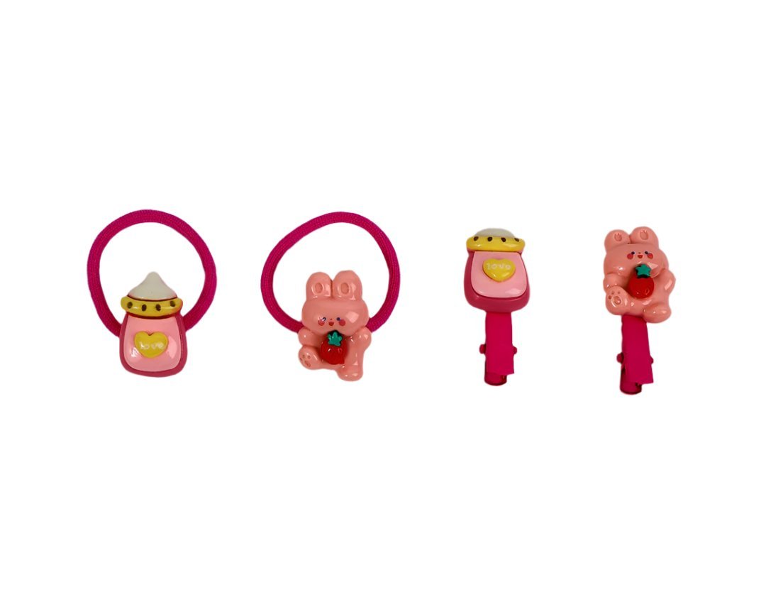 Kids hair clips and bands set with pink animal character clips and ties