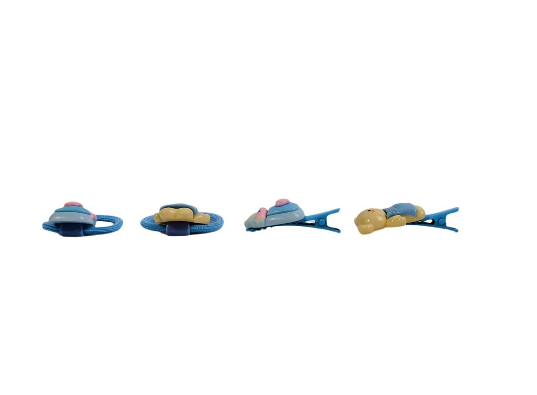 Kids hair clips and bands set with blue animal head charms, assorted styles