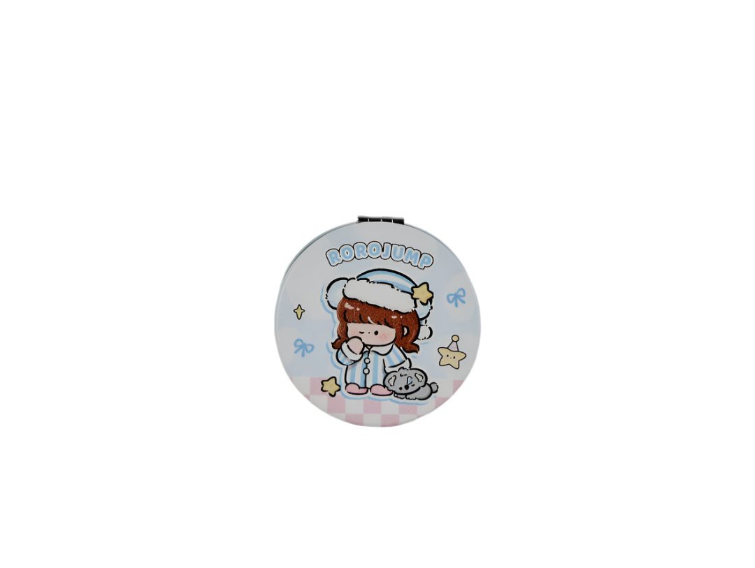 Round double-sided compact mirror, light gray character print with decorative stars