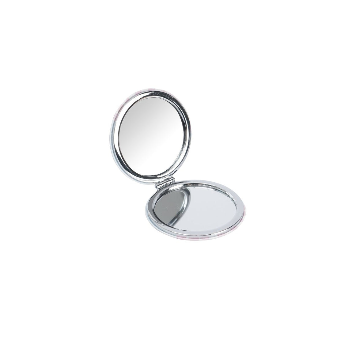 Round double-sided compact mirror with open lid, silver metal frame