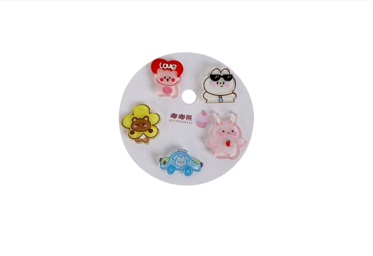 Cartoon hair clip set with 5 animal and car designs, including flower, pink bunny, and bear clip