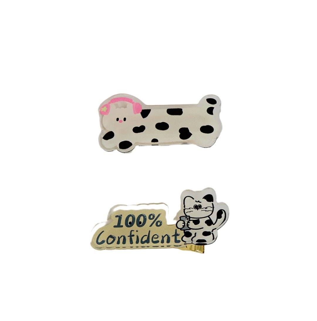 Animal cartoon hair clips: cow print barrette and cat sign clip