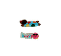 Cartoon hair clips: colorful hotdog clip and white "Happy" clip