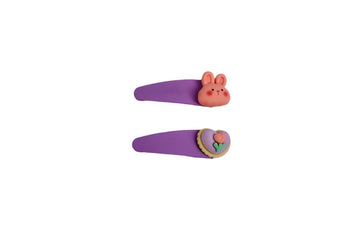 Purple kids hair clips with rabbit and heart animal charms