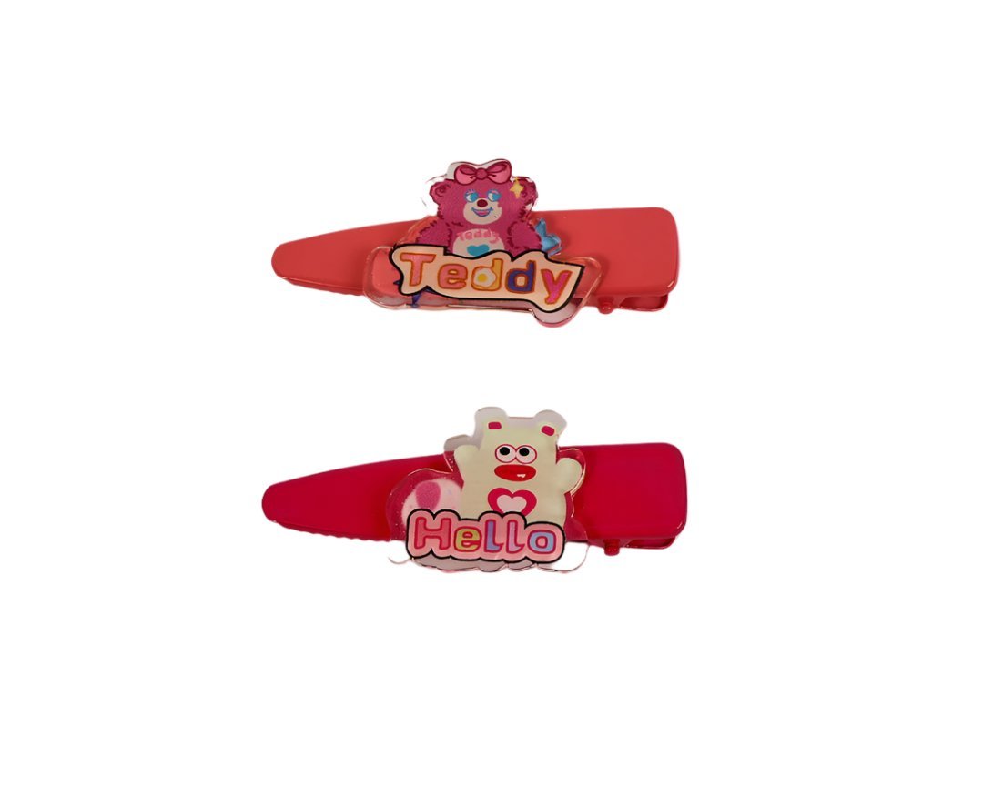 Animal-themed hair clips with Teddy and Hello patches, red pair