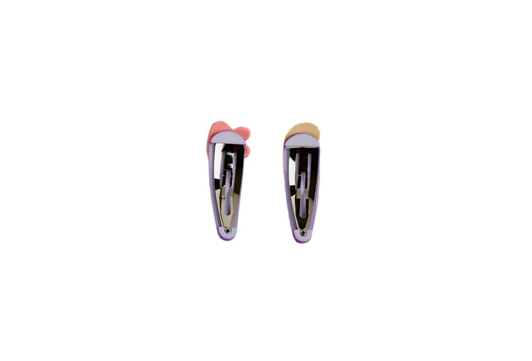 Pair of kids hair clips in purple with pink and beige ends