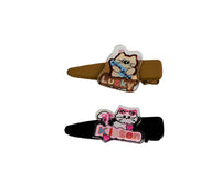 Animal-themed hair clips with Lucky and Kitten patches, brown and black pair
