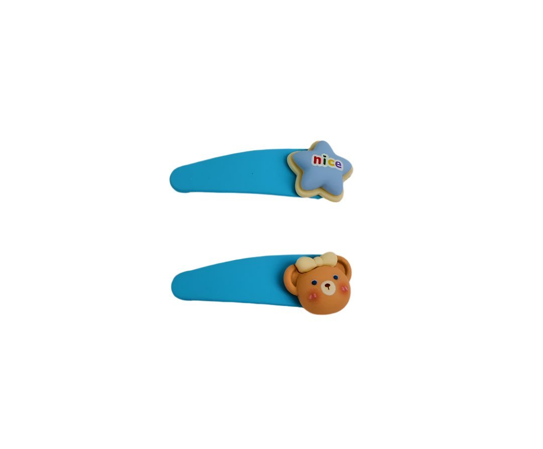 Blue kids hair clips with bear and cloud-shaped charm