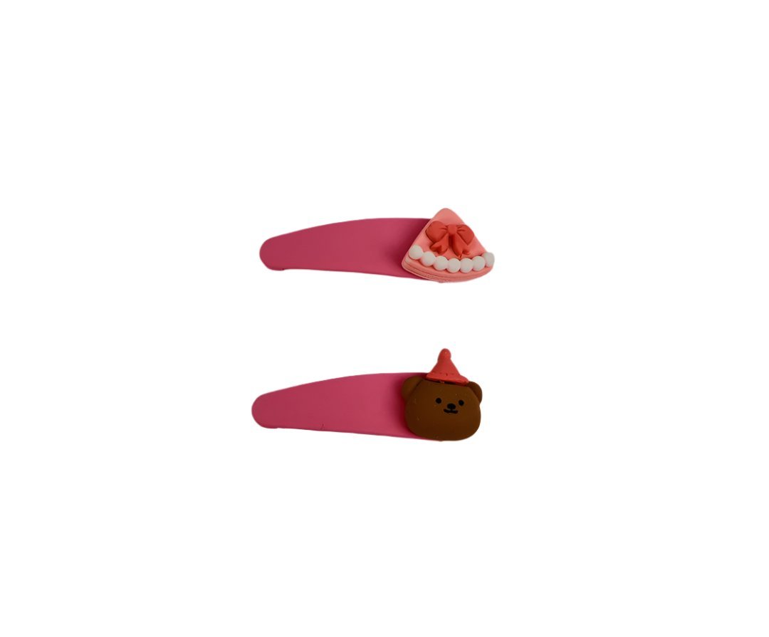 Pink kids hair clips with bear and red dessert charm