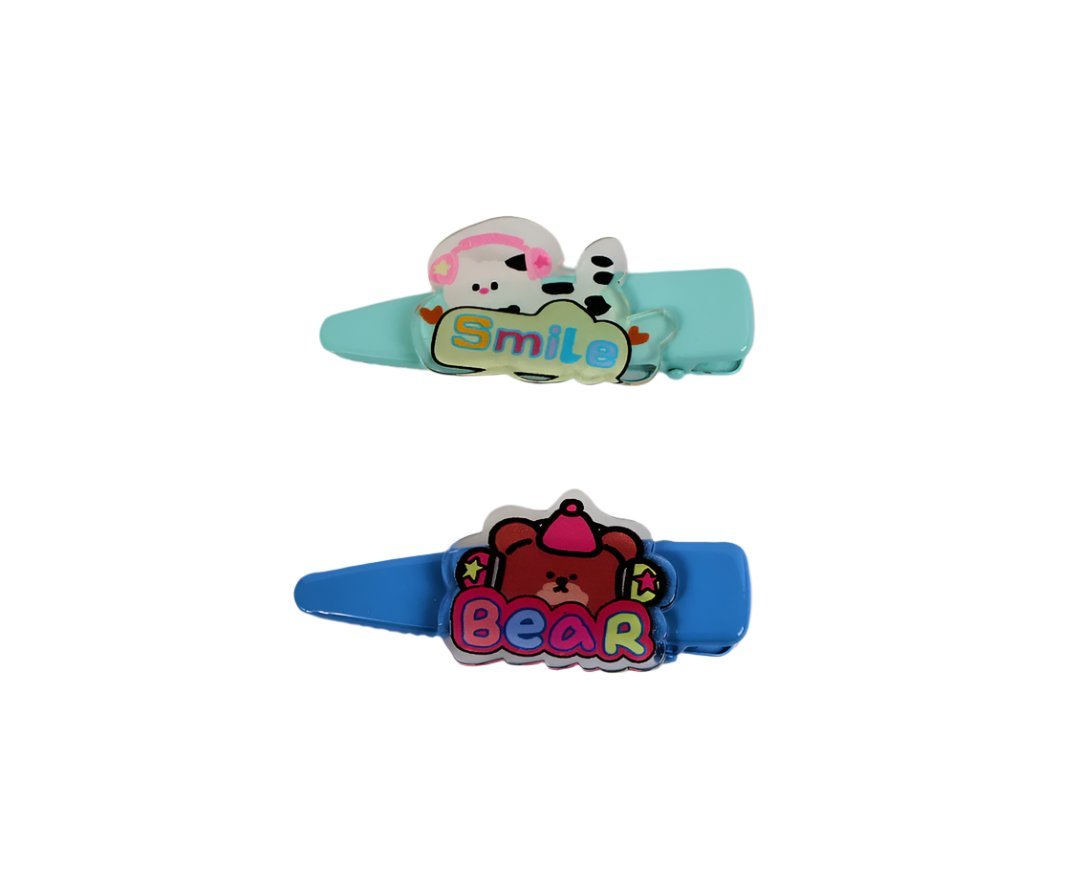 Animal-themed hair clips with Smile and Bear patches, mint and blue pair
