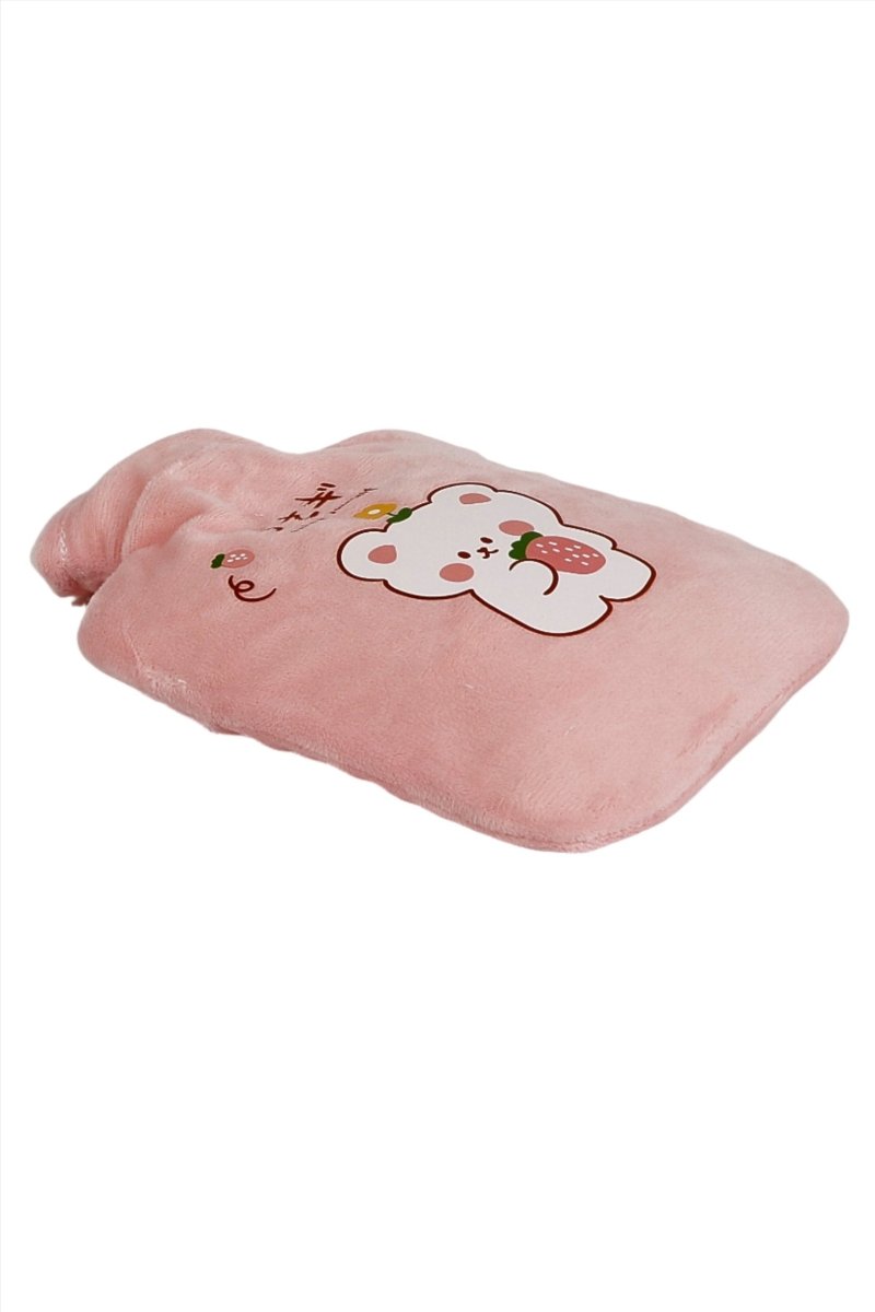 Pink plush hot water bottle cover with cartoon bear and strawberry patch