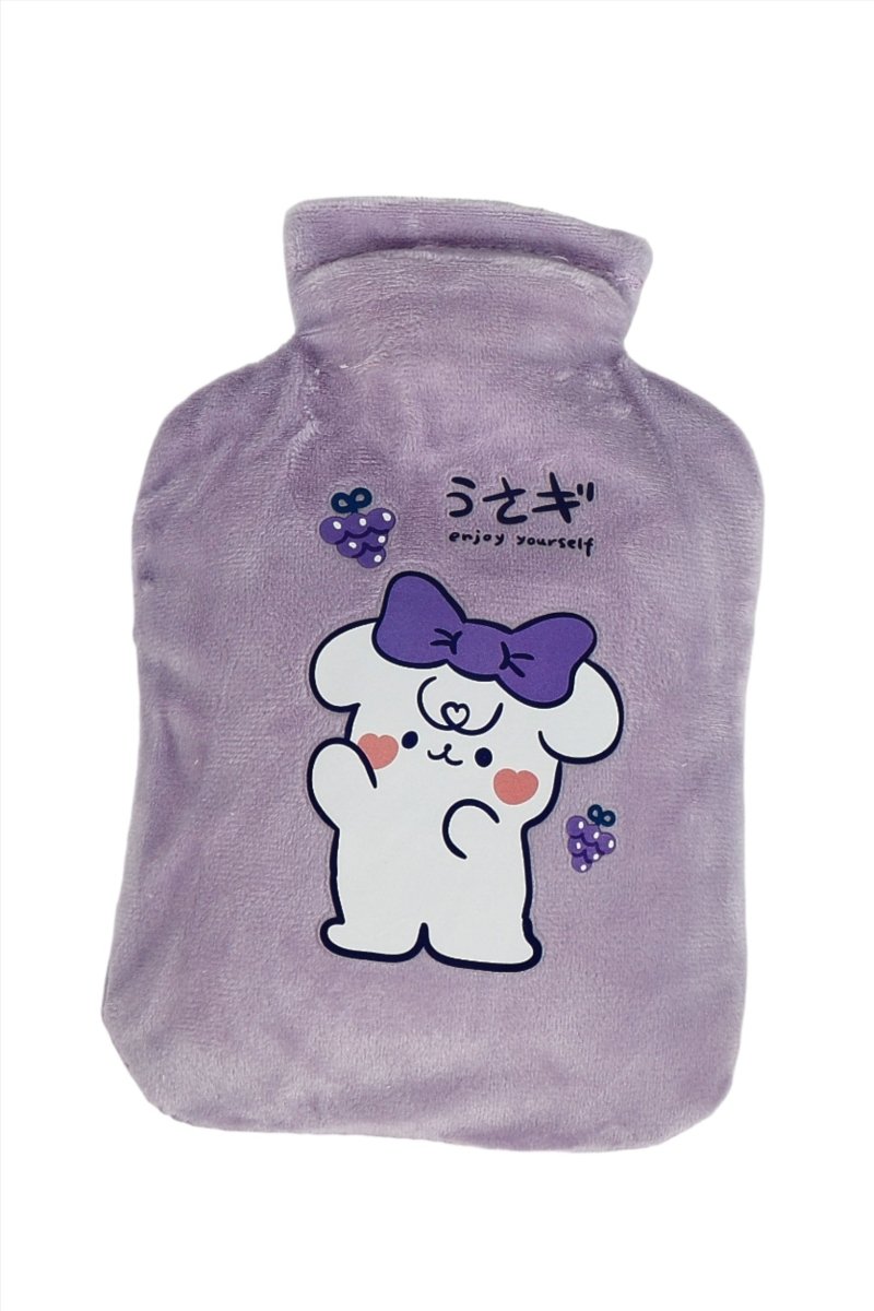 Purple cartoon hot water bottle cover with bear character and grape graphics on front