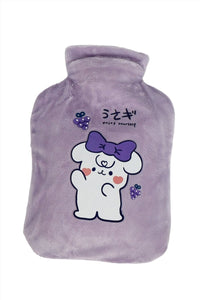 Purple cartoon hot water bottle cover with bear character and grape graphics on front