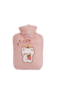 Pink plush hot water bottle with cartoon bear face and pull-top opening