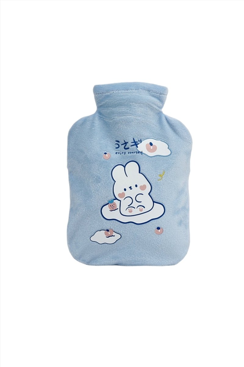 Blue cartoon hot water bottle cover with cute bear character and small decorations