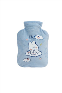 Blue cartoon hot water bottle cover with cute bear character and small decorations