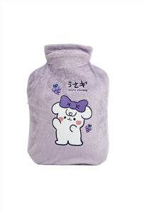Purple cartoon hot water bottle cover with a bear character and grape graphics