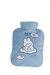 Blue cartoon hot water bottle cover with a cute white character and small flowers