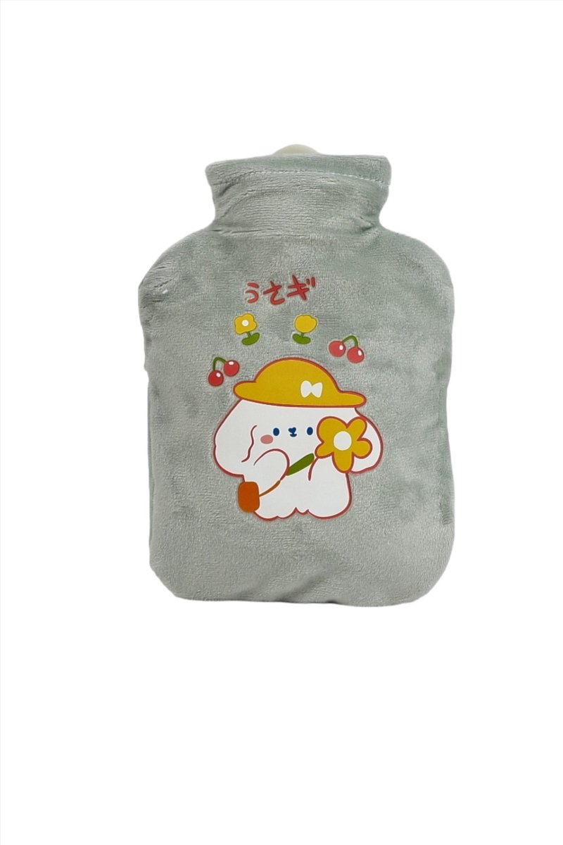 Gray cartoon hot water bottle cover with cute character and flowers on front