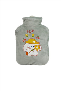Gray cartoon hot water bottle cover with cute character and flowers on front